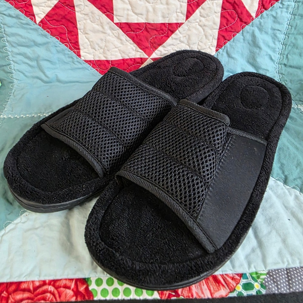 Therapedic Mens XL Black Slide Slippers Mesh Adjustable Strap Memory Foam House